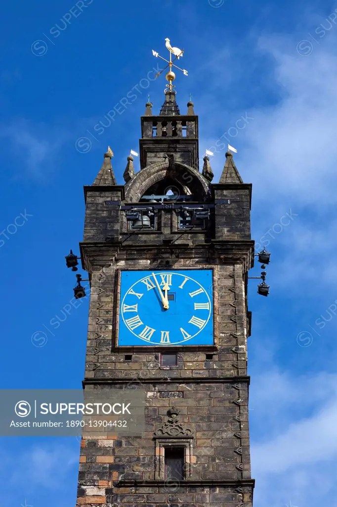 Close up of The Tolbooth Steeple, (Clock Tower), Glasgow Cross, Trongate, Merchant City, Glasgow, Scotland, United Kingdom, Europe