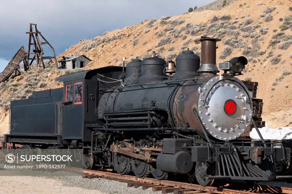 Old steam locomotive at historic Gold Hill train station, outside Virginia City, Nevada, United States of America, North America