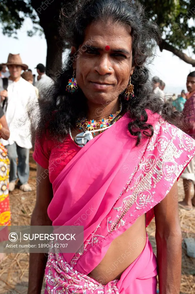 Launda dancer, a transsexual Bihari man dressed as a woman to dance at village weddings and fairs, Sonepur Cattle fair, Bihar, India, Asia