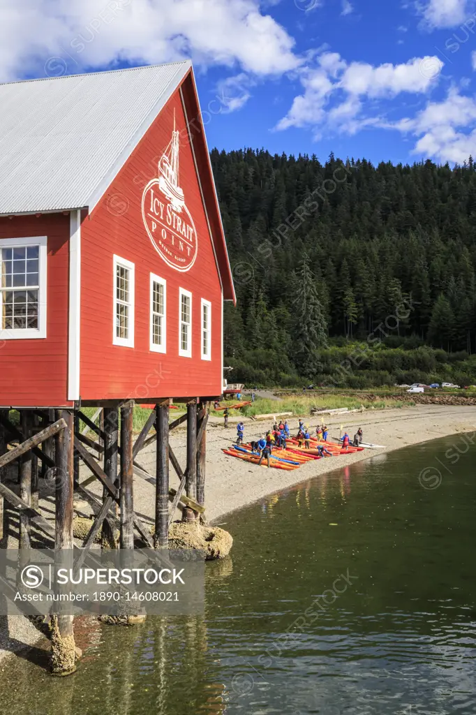 Restored salmon cannery museum and kayaks, Icy Strait Point, Hoonah, summer, Chichagof Island, Inside Passage, Alaska, United States of America, North...