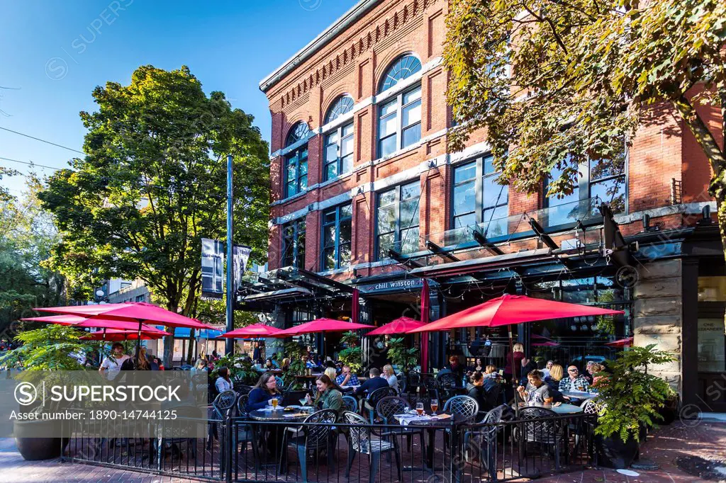 Cafe and bar in Maple Tree Square in Gastown, Vancouver, British Columbia, Canada, North America