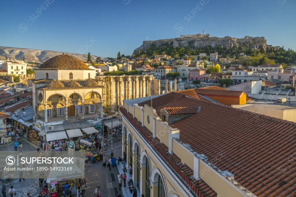 Elevated view of Monastiraki Square with The Acropolis visible in background during late afternoon, Monastiraki District, Athens, Greece, Europe