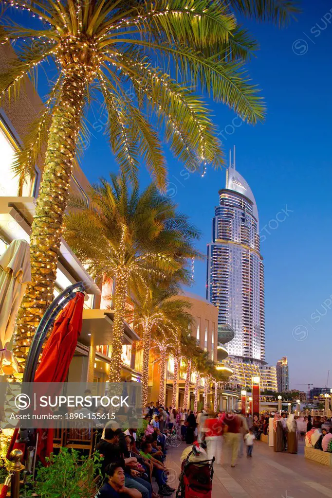 The Address Hotel and Dubai Mall at dusk, Dubai, United Arab Emirates, Middle East