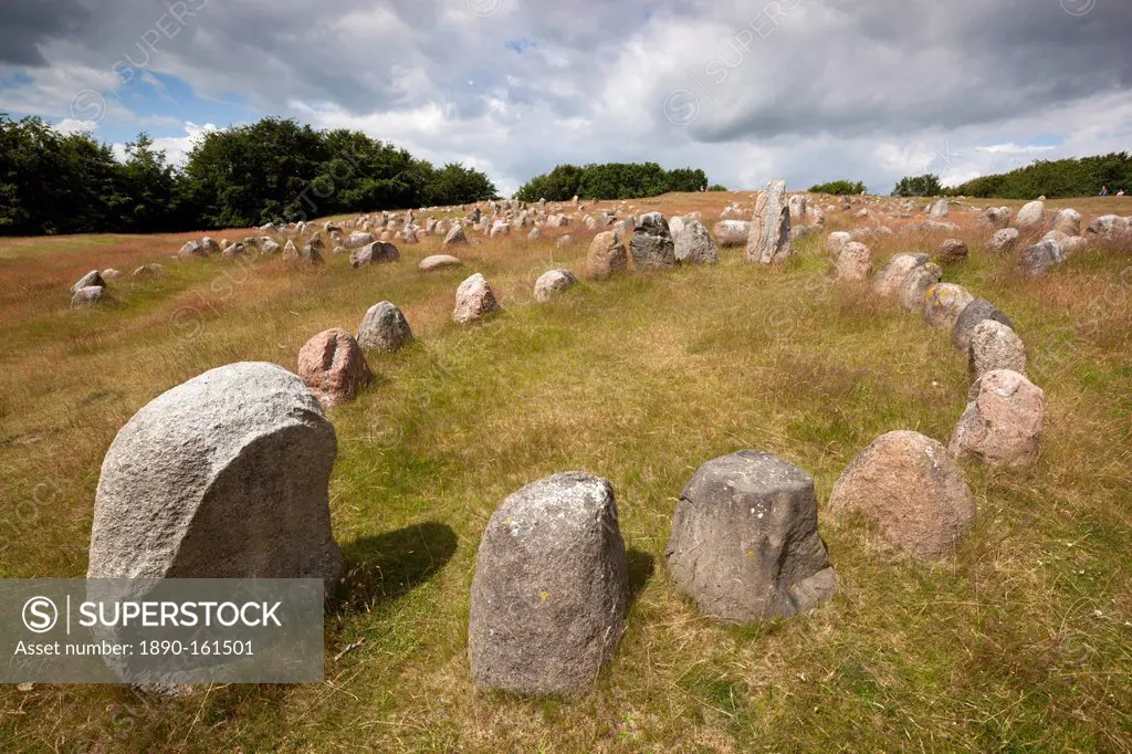 Viking burial ground with stones placed in oval outline of a Viking ship, Lindholm Hoje, Aalborg, Jutland, Denmark, Scandinavia, Europe