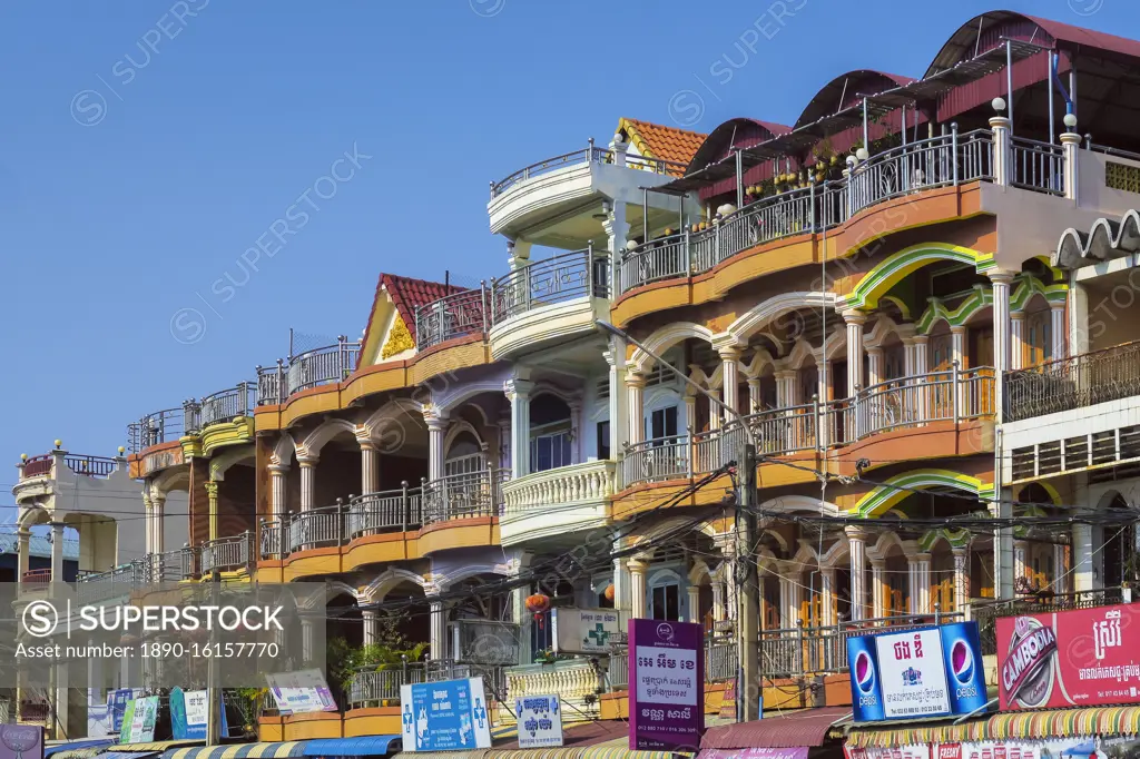 Residential properties above busy Street AH123 near the central market, Kampot, Kampot Province, Cambodia, Indochina, Southeast Asia, Asia