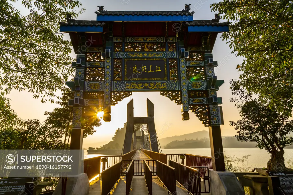 View of entrance to Shi Baozhai Pagoda on Yangtze River near Wanzhou, Chongqing, People's Republic of China, Asia