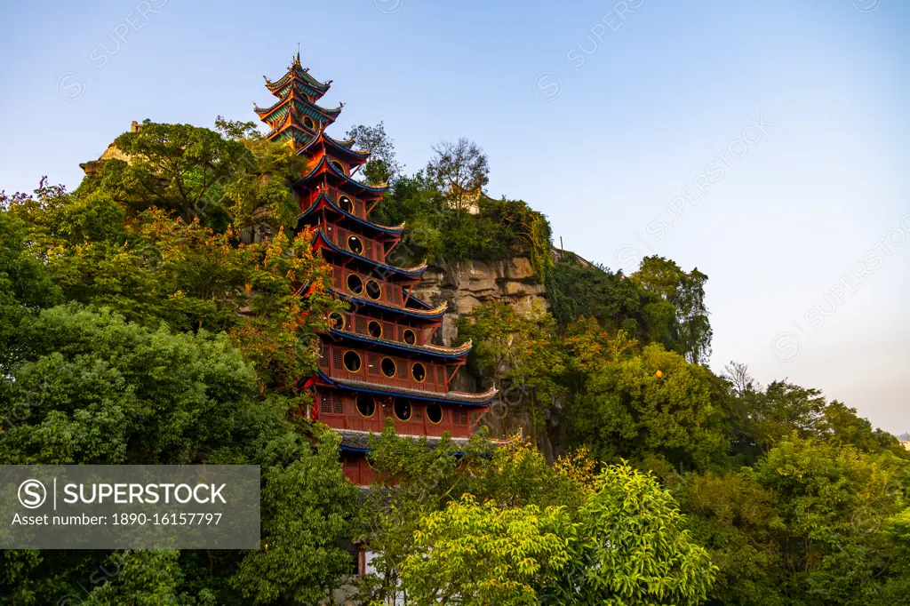 View of Shi Baozhai Pagoda on Yangtze River near Wanzhou, Chongqing, People's Republic of China, Asia