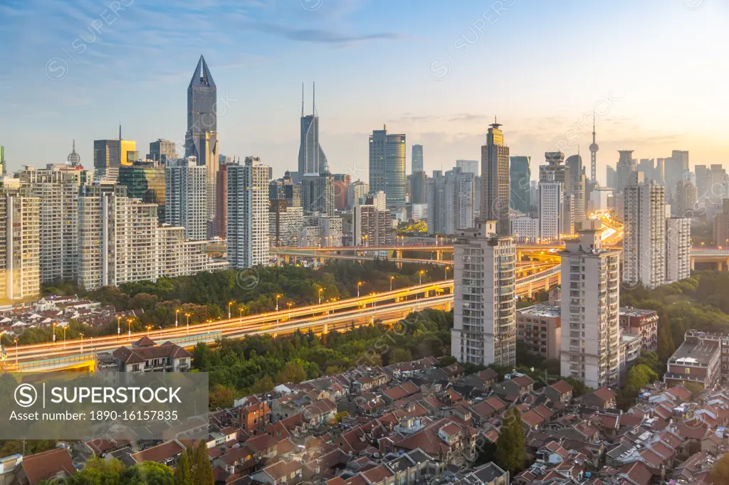 View of Shanghai skyline at sunrise, Luwan, Shanghai, China, Asia