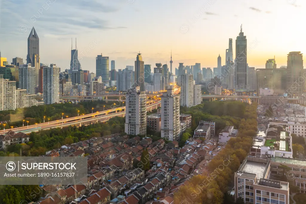 View of Shanghai skyline at sunrise, Luwan, Shanghai, China, Asia