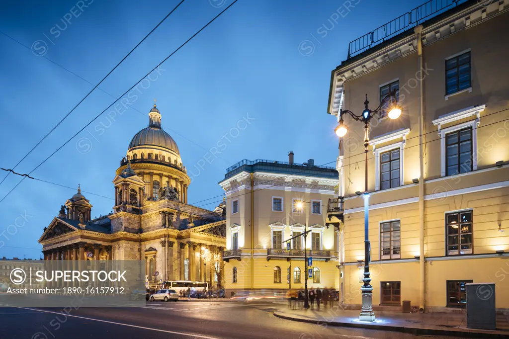 Exterior of St. Isaac's Cathedral at night, UNESCO World Heritage Site, St. Petersburg, Leningrad Oblast, Russia, Europe