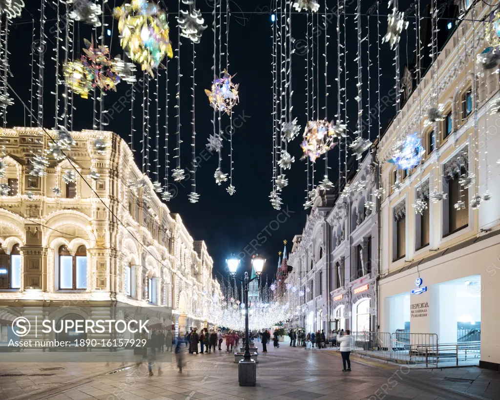 Christmas Lights on Nikolskaya Street, Moscow, Moscow Oblast, Russia, Europe