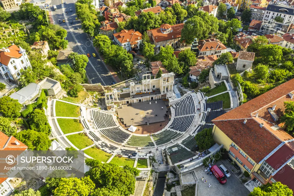 Aerial view by drone of Roman arena, Plovdiv, Bulgaria, Europe