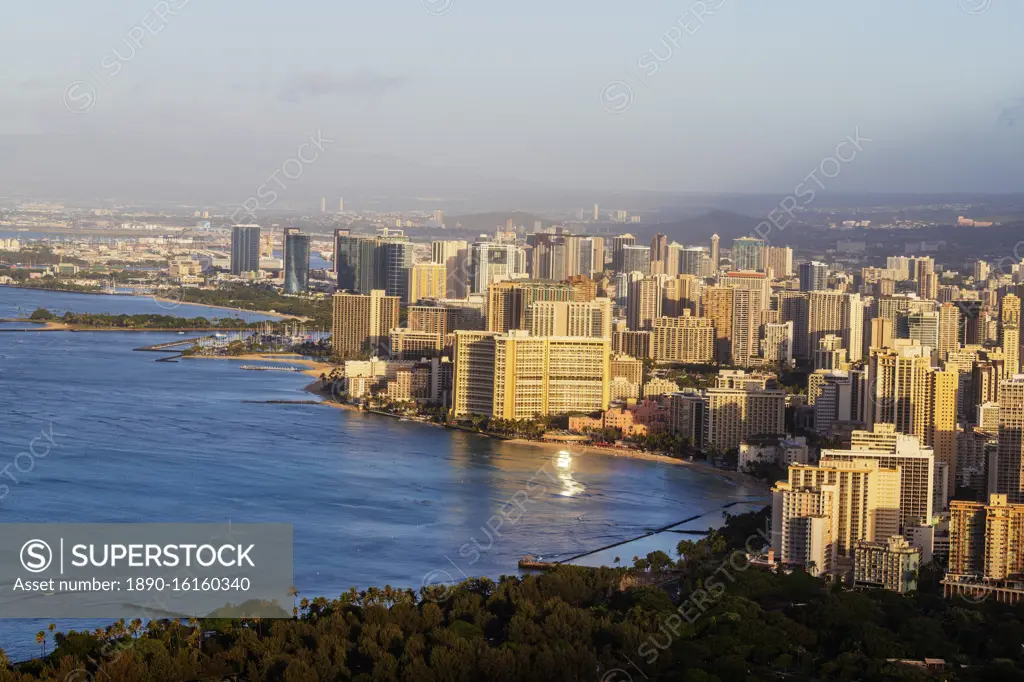 View by drone of Waikiki, Honolulu, Oahu Island, Hawaii, United States of America, North America