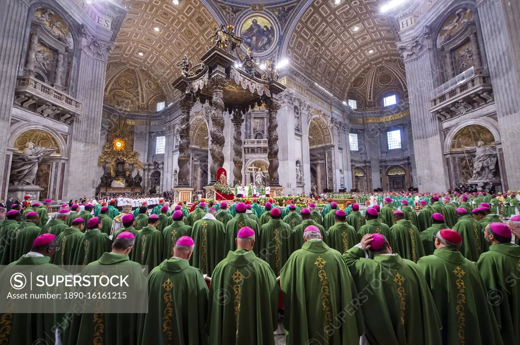 Pope Francis celebrates a closing Mass at the end of the Synod of Bishops in St. Peter's Basilica at the Vatican, Rome, Lazio, Italy, Europe