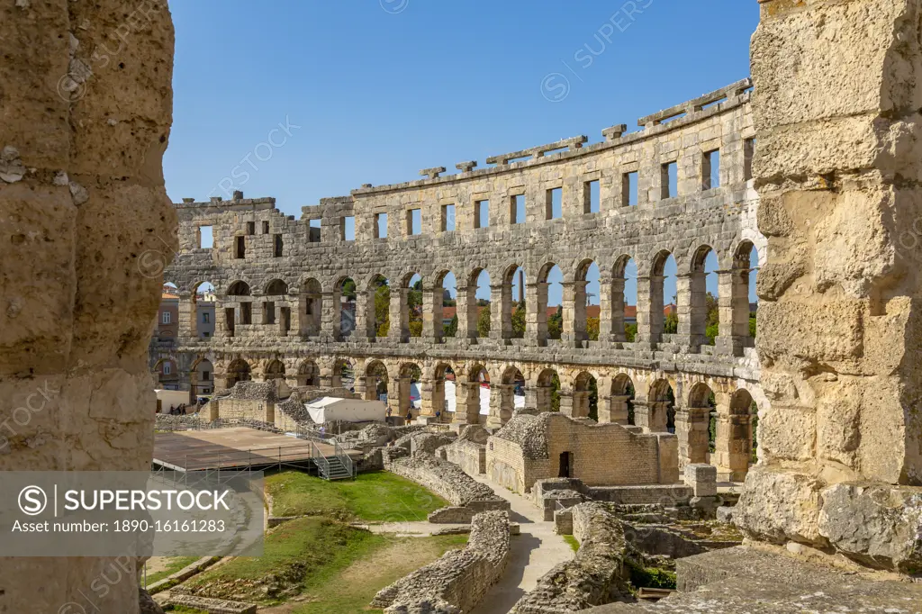 View of the Roman Amphitheatre against blue sky, Pula, Istria County, Croatia, Adriatic, Europe