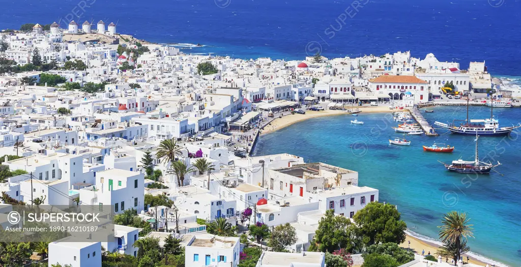 Mykonos Town and old harbour, elevated view, Mykonos, Cyclades Islands, Greek Islands, Greece, Europe