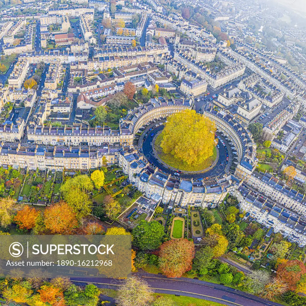 Aerial view by drone over the Georgian housing of The Circus, UNESCO World Heritage Site, Bath, Somerset, England, United Kingdom, Europe