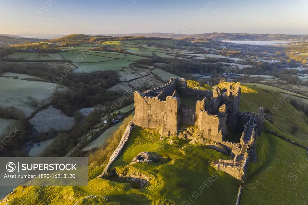 Aerial vista by drone of Carreg Cennen Castle, Brecon Beacons National Park, Carmarthenshire, Wales, United Kingdom, Europe