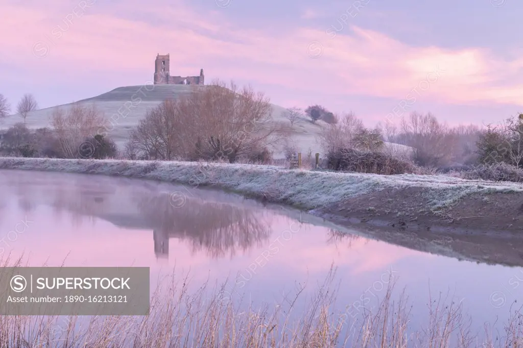 Burrow Mump Church at dawn on a frosty winter morning, Burrowbridge, Somerset, England, United Kingdom, Europe