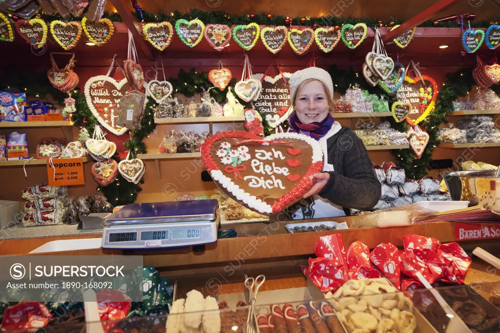 Stall selling gingerbread hearts at the Christmas Fair, Esslingen am Neckar, Baden Wurttemberg, Germany, Europe