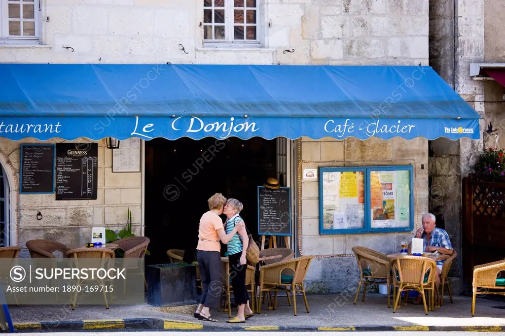 French greeting in quaint town of Bourdeilles popular as a tourist destination near Brantome North Dordogne, France