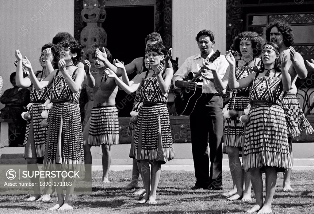 Traditional maori ceremony at the Marai meeting house, New Zealand