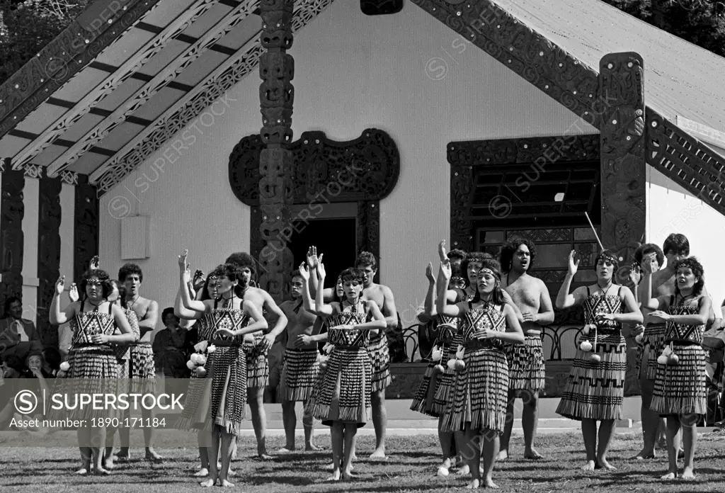 Traditional maori ceremony in front of Marai meeting house, New Zealand