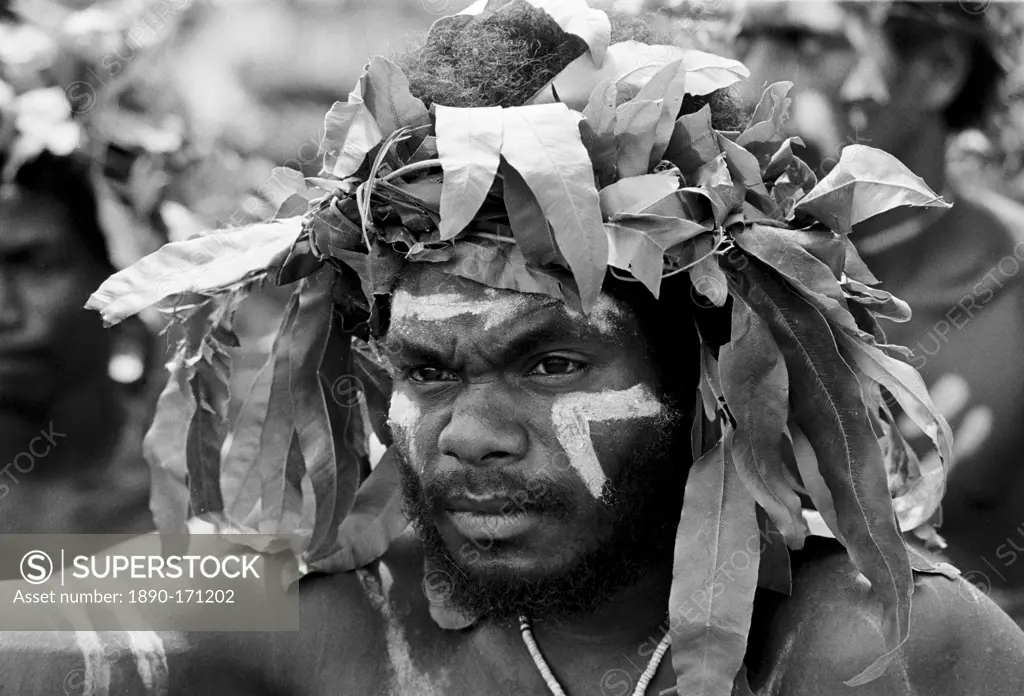 South Pacific islander in native dress at traditional tribal ceremony in Honiara, Solomon Islands, South Pacific