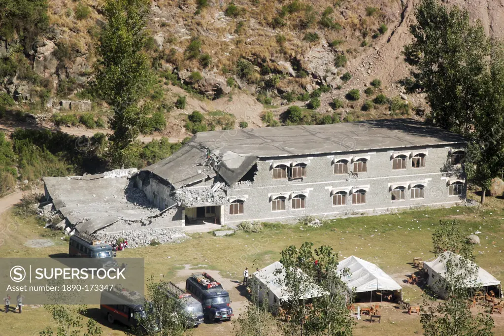 Buildings demolished in earthquake devastated area of Azad Jammu Kashmir, in village of Pattika, Pakistan