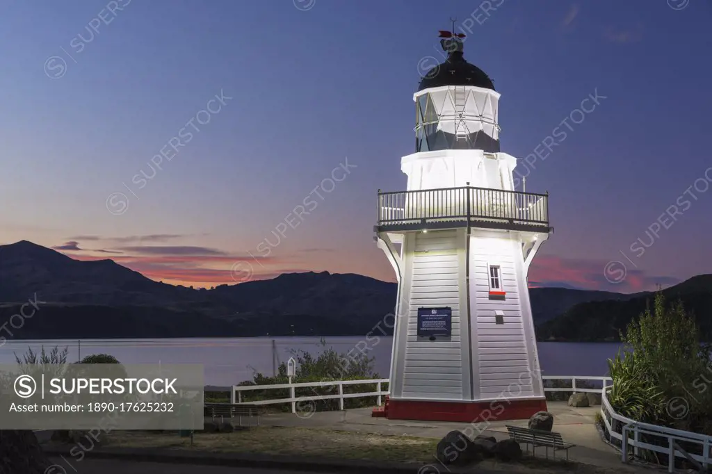 Lighthouse in the Bay of Akaroa, Banks Peninsula, Canterbury, South Island, New Zealand, Pacific