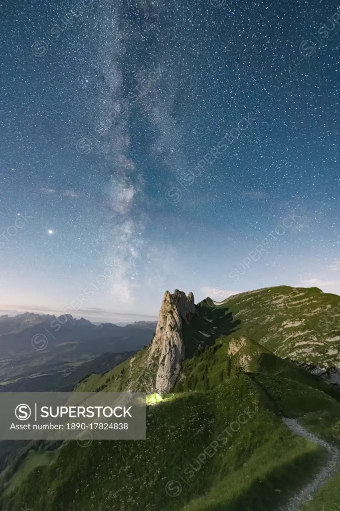 Milky Way in the starry sky over Saxer Lucke mountain, aerial view, Appenzell Canton, Alpstein Range, Switzerland, Europe