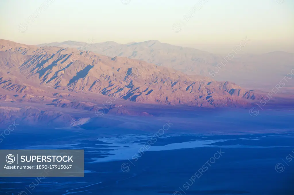 View over Badwater Basin to the Panamint Range, sunrise, Dante's View, Death Valley National Park, California, United States of America, North America