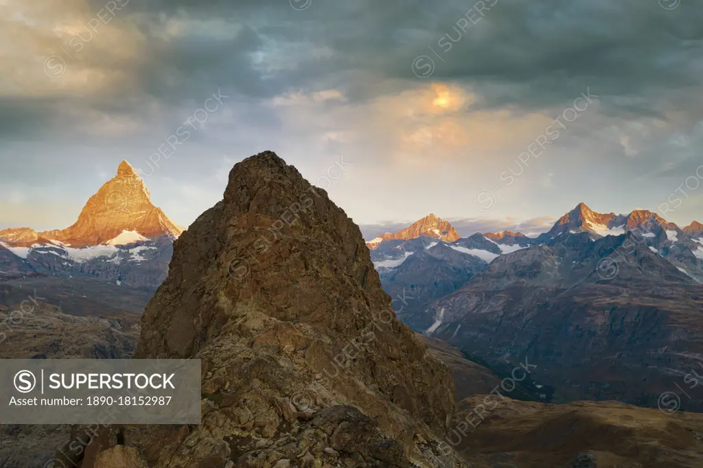 Sunrise over Matterhorn and Dent Blanche view from Riffelhorn, aerial view, Zermatt, canton of Valais, Switzerland, Europe