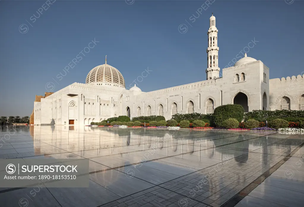 Sultan Qaboos Mosque reflected in the shiny marble floor, Muscat, Oman, Middle East