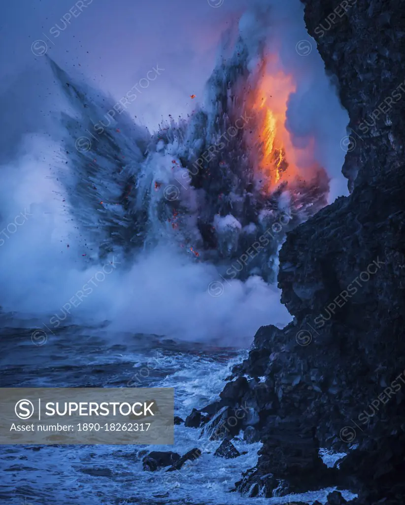 An explosion resembling an angel rises from the sea, created by rare natural forces when lava pours into the open ocean, Hawaii Volcanoes National Park, UNESCO World Heritage Site, Hawaii, United States of America, Pacific