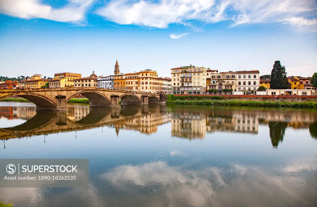 Bridge reflected in the River Arno, Florence, Tuscany, Italy, Europe