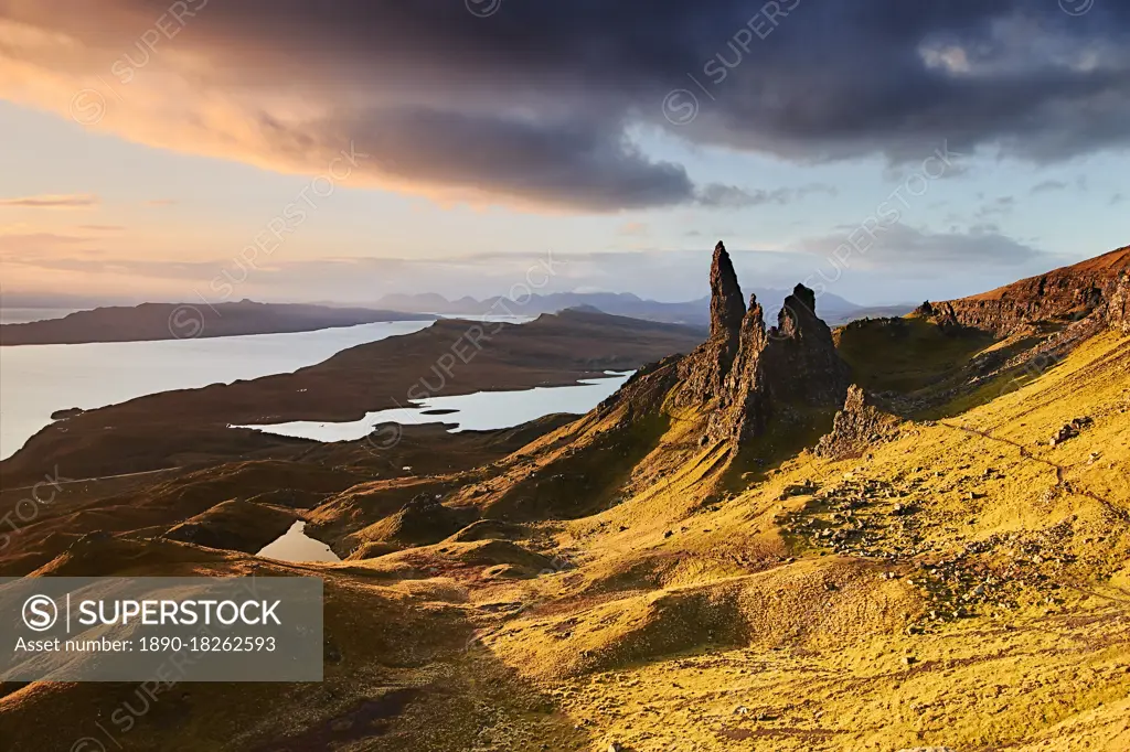 Old Man of Storr at a golden sunrise, Isle of Skye, Inner Hebrides, Scotland, United Kingdom, Europe