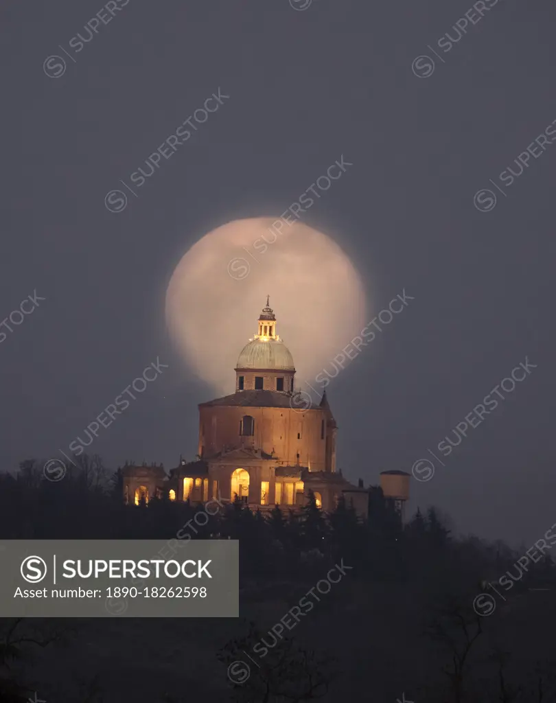 Moon rise behind the San Luca Basilica, Bologna, Emilia Romagna, Italy, Europe