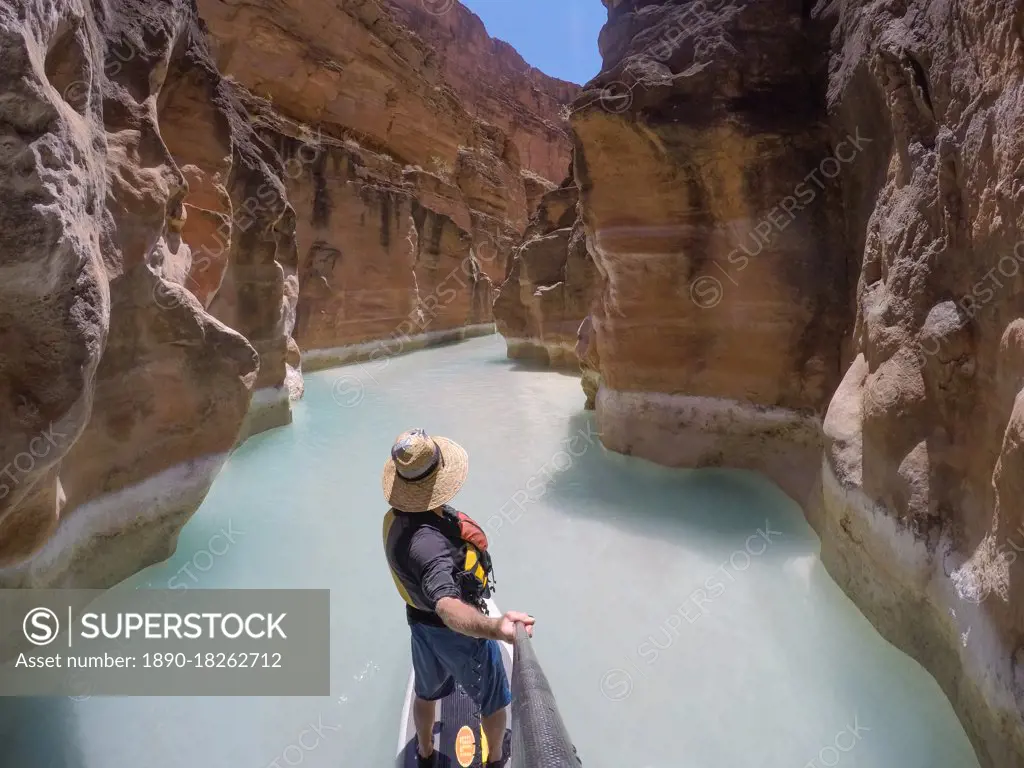 Photographer Skip Brown on a stand up paddle board at the mouth of Havasu Creek in the Grand Canyon, Arizona, United States of America, North America