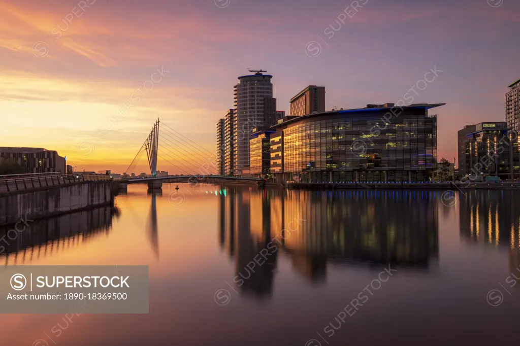 MediaCity UK reflected at night, Salford Quays, Manchester, England, United Kingdom, Europe