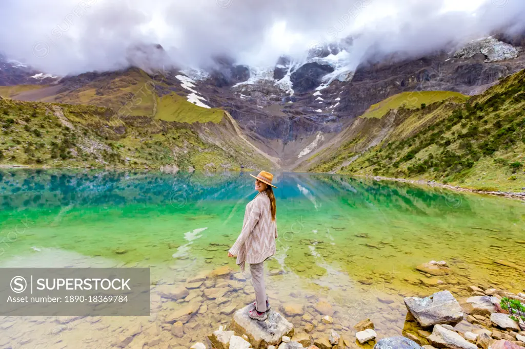 Woman trekking Humantay Lake, Cusco, Peru, South America