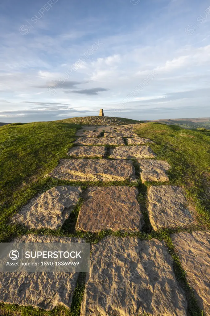 Stone path leading towards the summit and trig point at Mam Tor, High Peak, Derbyshire, England, United Kingdom, Europe