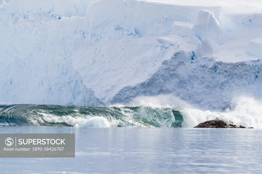 A massive series of waves formed after a huge calving event from the glacier in Neko Harbor, Antarctica, Polar Regions