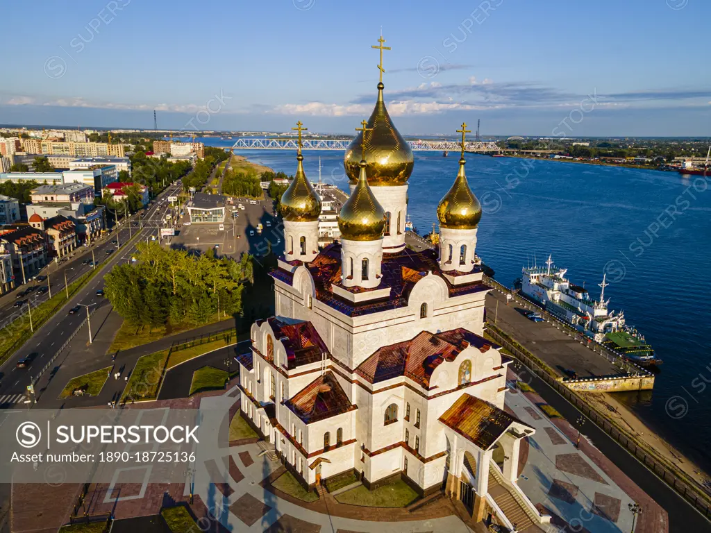 Aerial of the Cathedral of the Archangel, Arkhangelsk, Russia, Europe