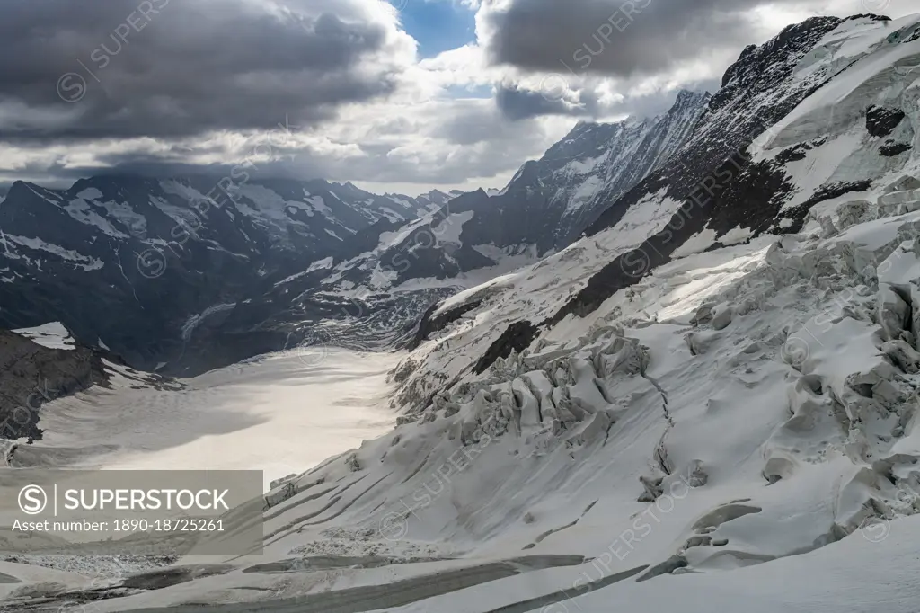 View over the Aletsch Glacier from the Jungfraujoch, Bernese Alps, Switzerland, Europe