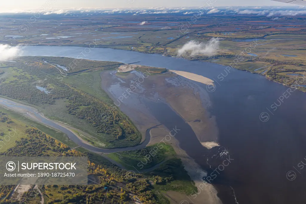 Aerial of the Ob River near Nizhnevartovsk, Khanty-Mansi Autonomous Okrug, Russia, Eurasia