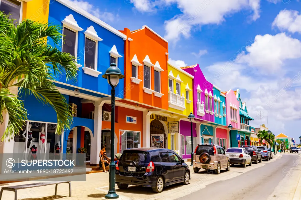 The beautiful colorful buildings in downtown Kralendijk, Bonaire, Netherlands Antilles, Caribbean, Central America