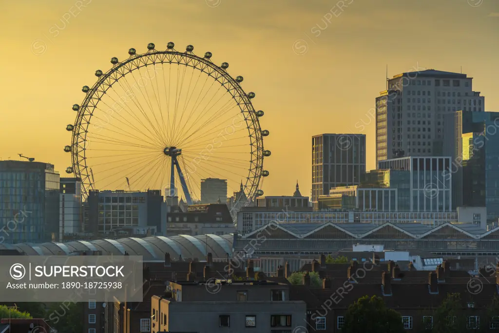 View of the London Eye and rooftop of Waterloo Station, Waterloo, London, England, United Kingdom, Europe