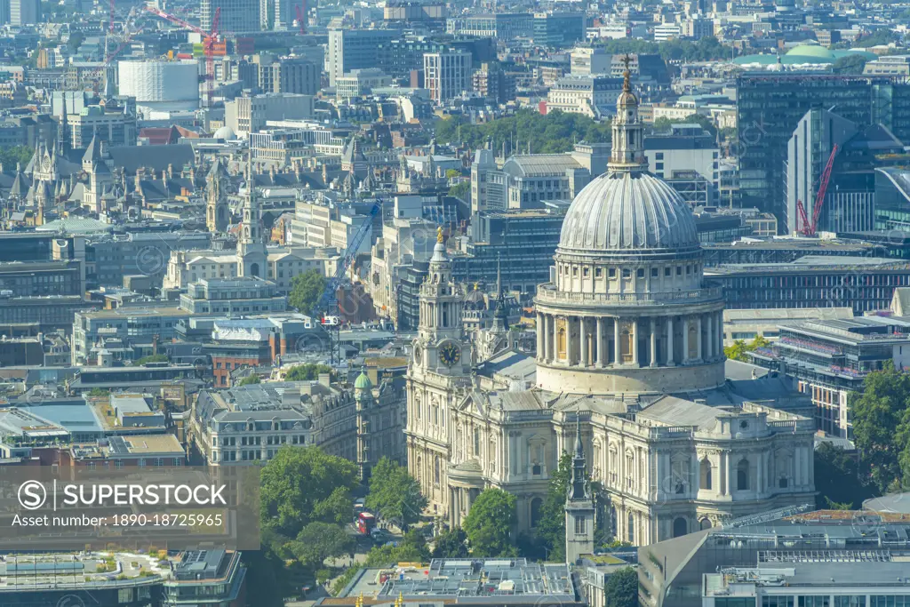 Aerial view of St. Paul's Cathedral and neighbouring buildings, London, England, United Kingdom, Europe