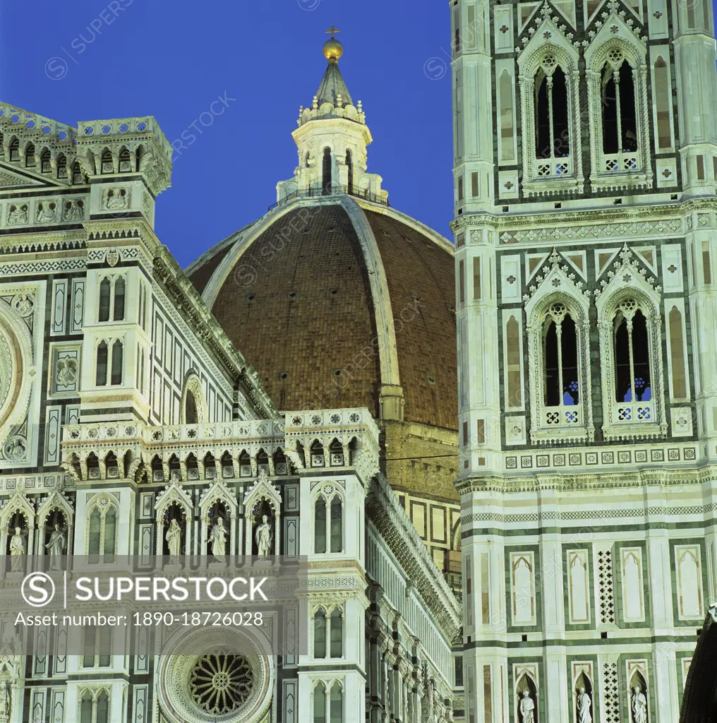 Brunelleschi's dome and exterior of the Duomo floodlit at night, UNESCO World Heritage Site, Florence, Tuscany, Italy, Europe